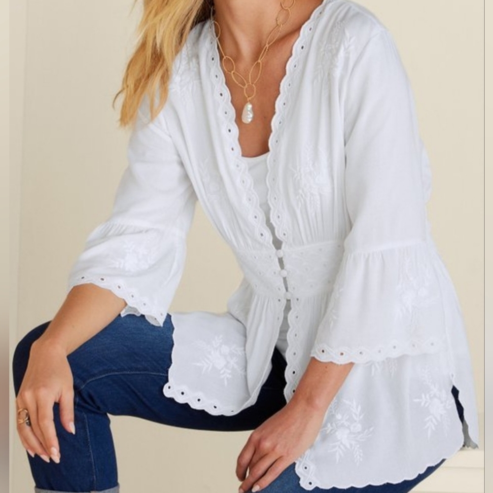 Soft Surroundings Melissani White Embroidered Tunic Blouse Size Sm